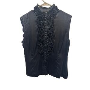 St. John Sleeveless Silk Black Ruffle Front Blouse Button Shirt Women's size 10
